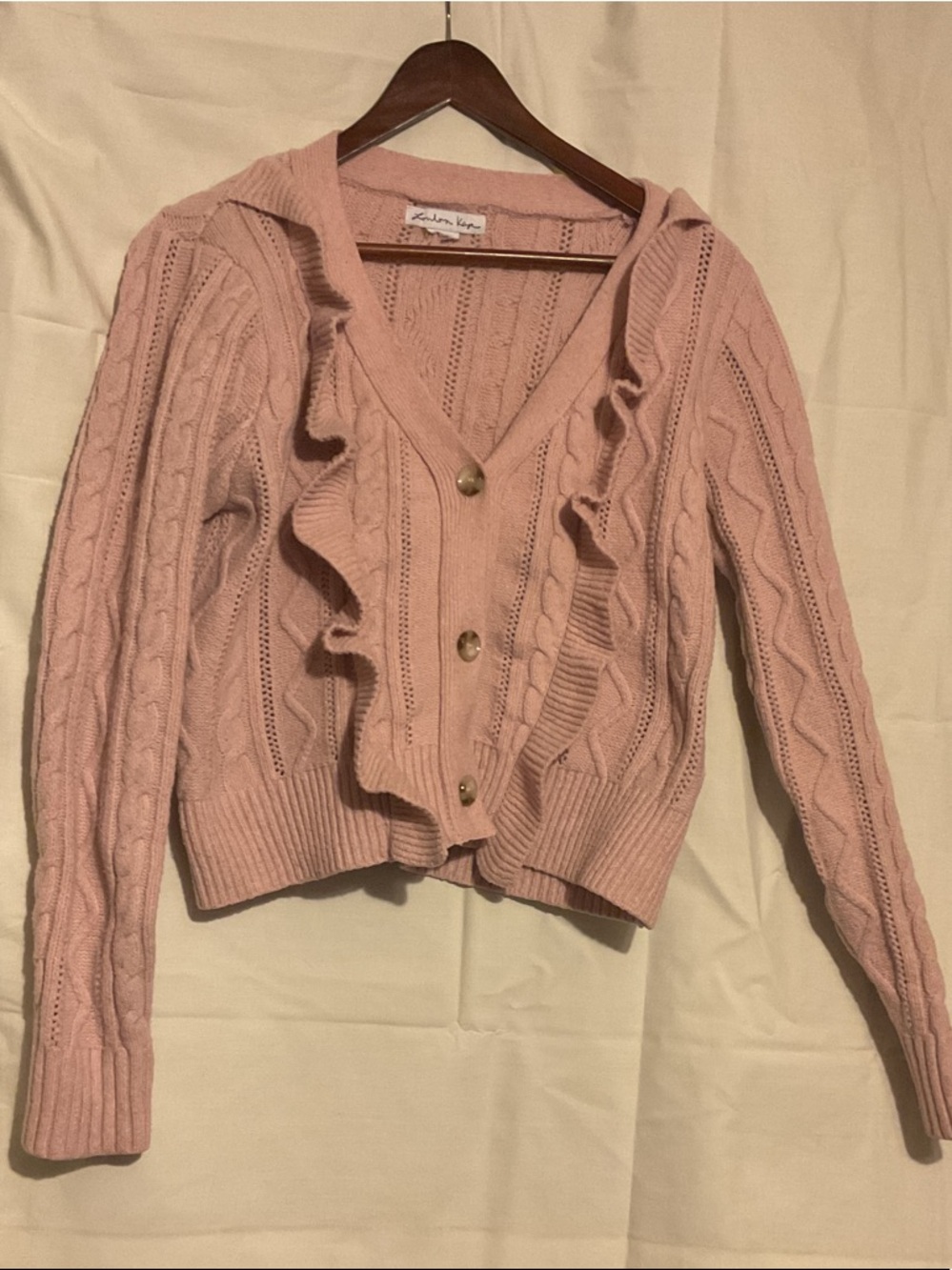 Pink Ruffled Cable-Knit Cardigan Sweater